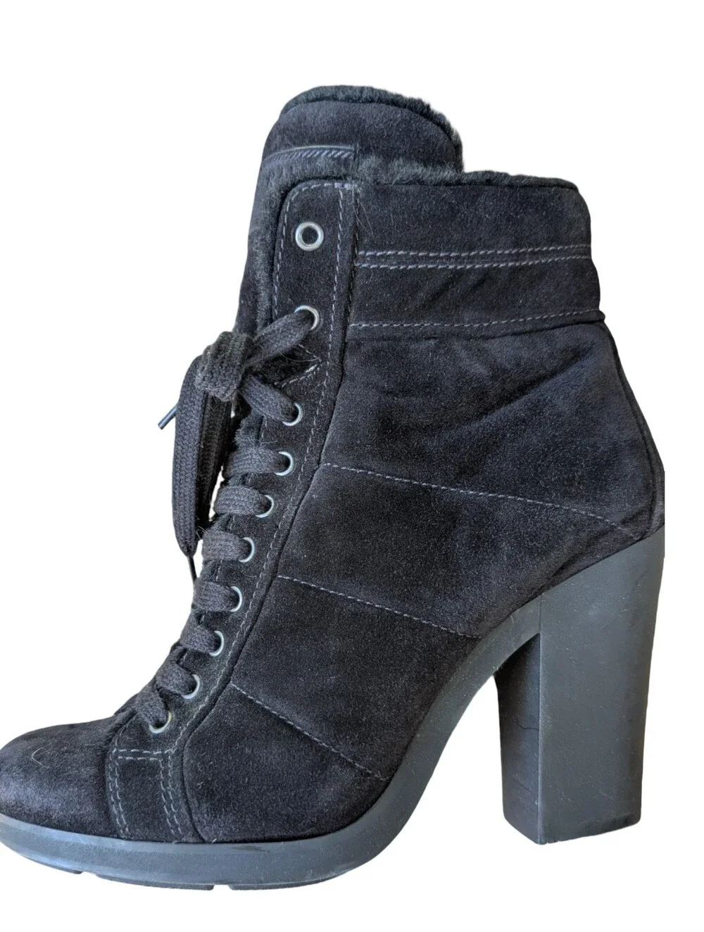 Prada Sport Suede Faux Fur Trim Lace-Up Boots